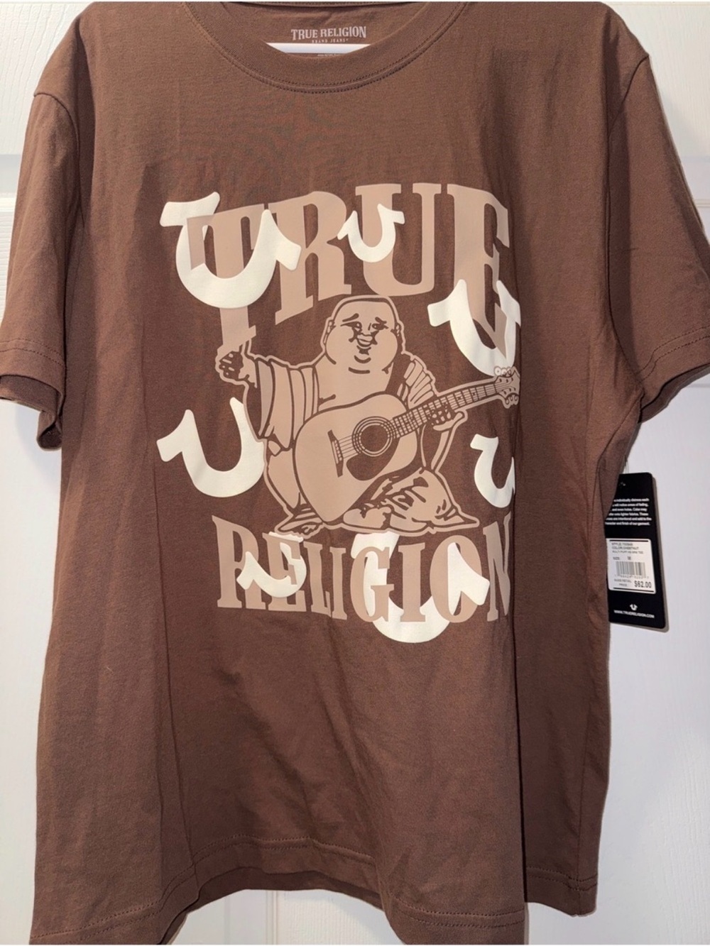 True Religion Brown Tee with Beige Buddha Guitar Graphic